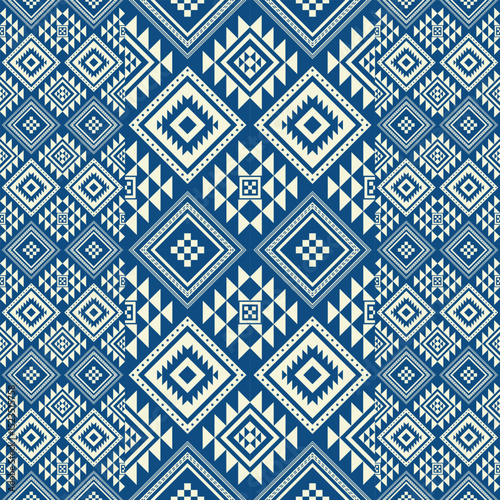 A tribal seamless pattern in navy blue and cream, featuring Aztec-inspired geometric diamond and triangle motifs. Great for textiles, home decor, and digital projects.