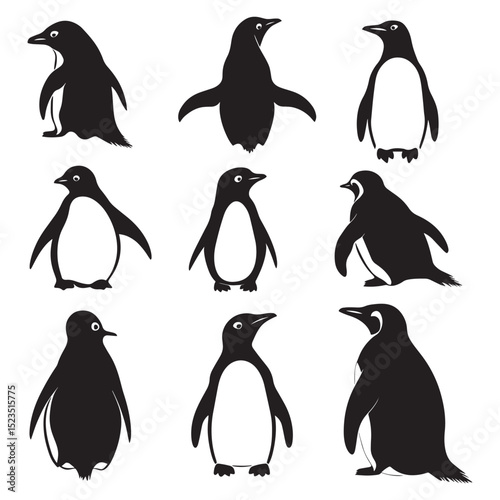 Nine silhouettes of adorable penguins various poses