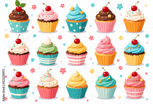 Colorful Cupcake Collection: Sweet Treats with Cherries and Frosting