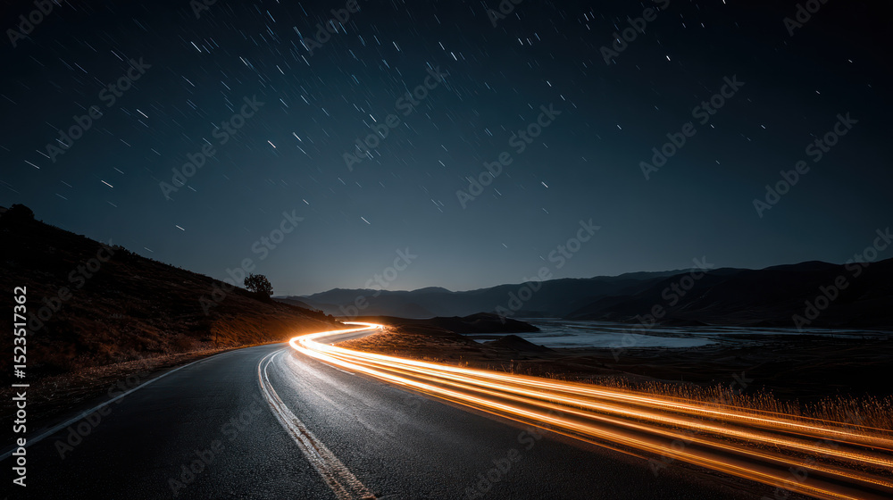 Fototapeta premium Light trails from car on winding road at night under starry sky create dynamic travel scene full of motion and adventure.