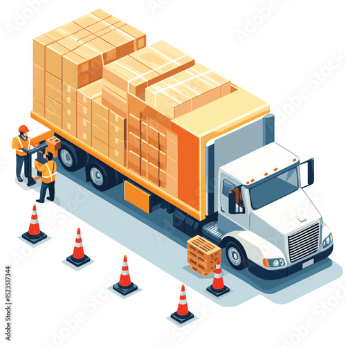 Isometric illustration of a white medium sized box truck with closed cargo compartment shown on blue background for delivery and logistics concept, vector style simple color