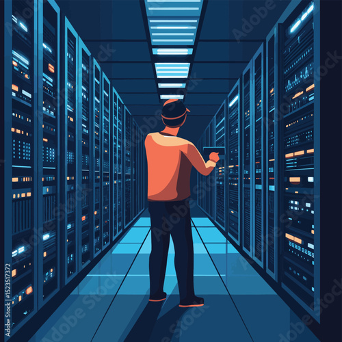 Server room technician replacing hardware components in a data center to ensure optimal system performance and prevent unexpected downtime, vector style simple color