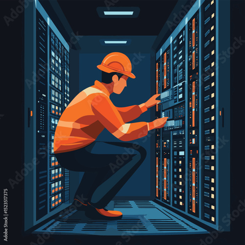 Server room technician replacing hardware components in a data center to ensure optimal system performance and prevent unexpected downtime, vector style simple color