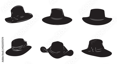 Six silhouettes of stylish hats fashion accessories