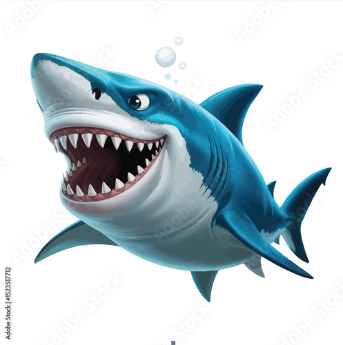 Great white shark cartoon swimming in the ocean with sharp teeth