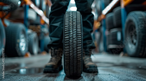 Wallpaper Mural Auto mechanic standing behind vertical tire in industrial vehicle repair workshop Torontodigital.ca