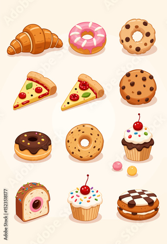 Delightful Pastry Assortment: Croissants, Donuts, Pizza, Cookies, Cupcakes