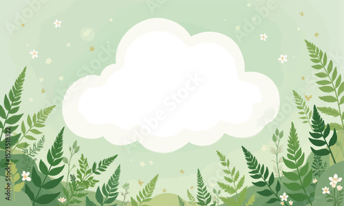 Dreamy Cloud in Lush Green Meadow with Ferns and Blossoms