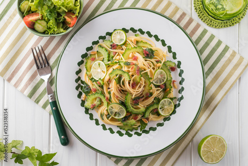 【ゴーヤと梅肉のパスタ】さっと茹でたゴーヤと梅肉・大葉・松の実を和えた夏のパスタ。仕上げに酢橘のスライスを散らして爽やか風味を楽しみます。