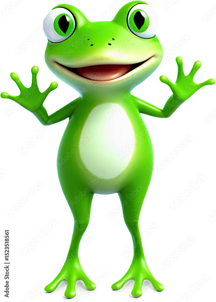 Naklejka premium A bright green, happy frog, rendered in 3D style, stands tall with a broad smile and welcoming pose.