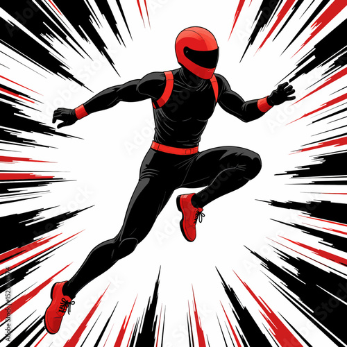 Dynamic Ninja Leap in Action: Red and Black Suit, Speed Lines, Night Setting
