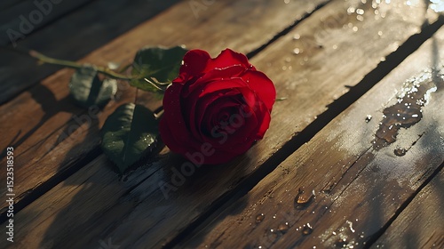 A single red rose with dew drops resting on a rustic wooden table with soft lighting casting shadows