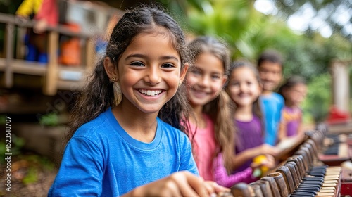 Playful children playing musical instruments outdoors.