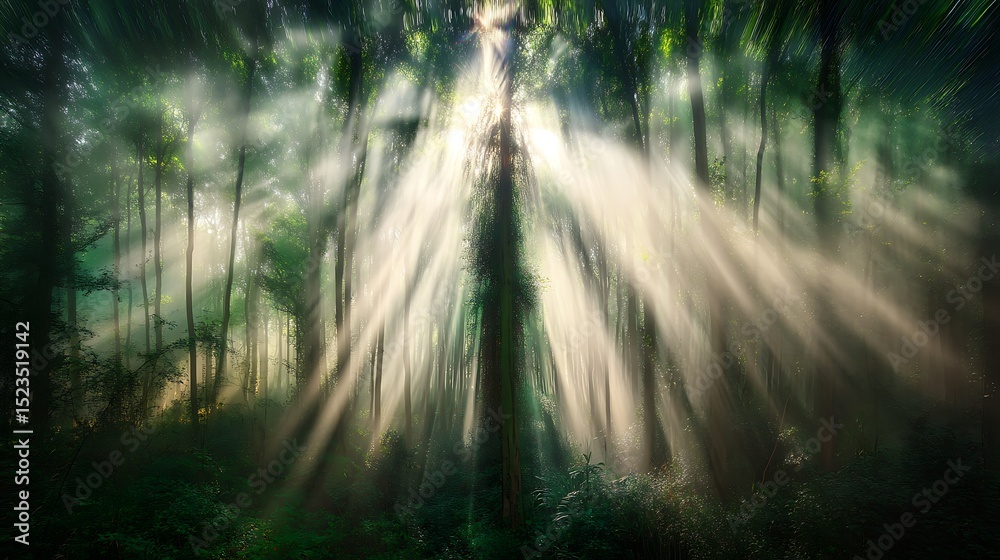 Fototapeta premium Sunlight Through Forest Canopy Ethereal Scene