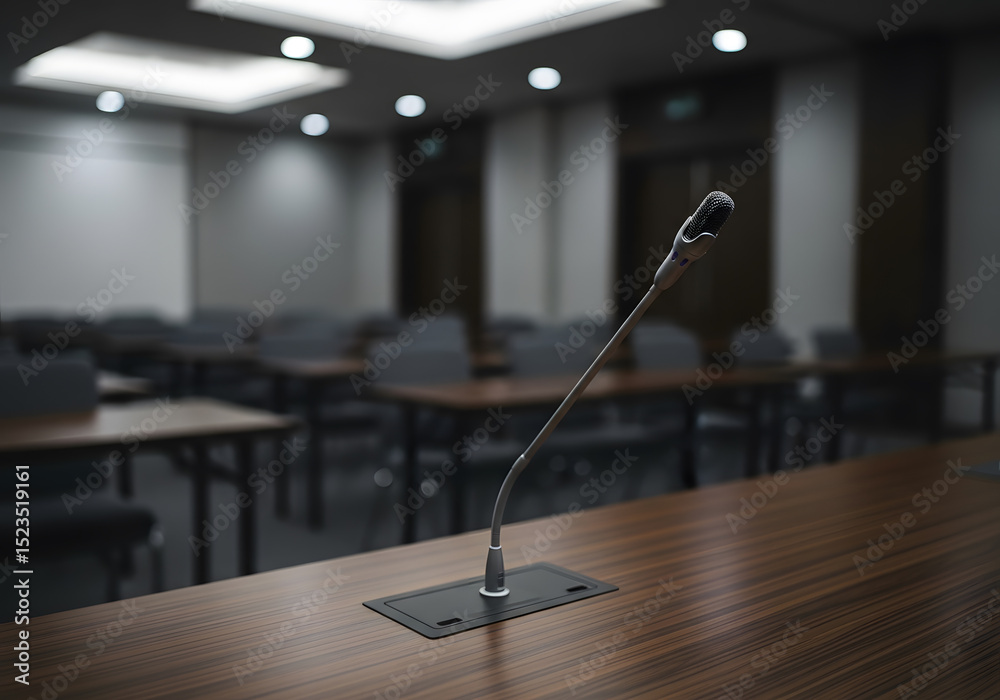 Obraz premium Blurred photo of conference hall or seminar room with microphone over it.