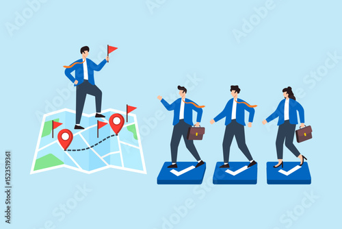 Flat illustration of business leader placing red flags on roadmap while team follows through strategic checkmark checkpoints