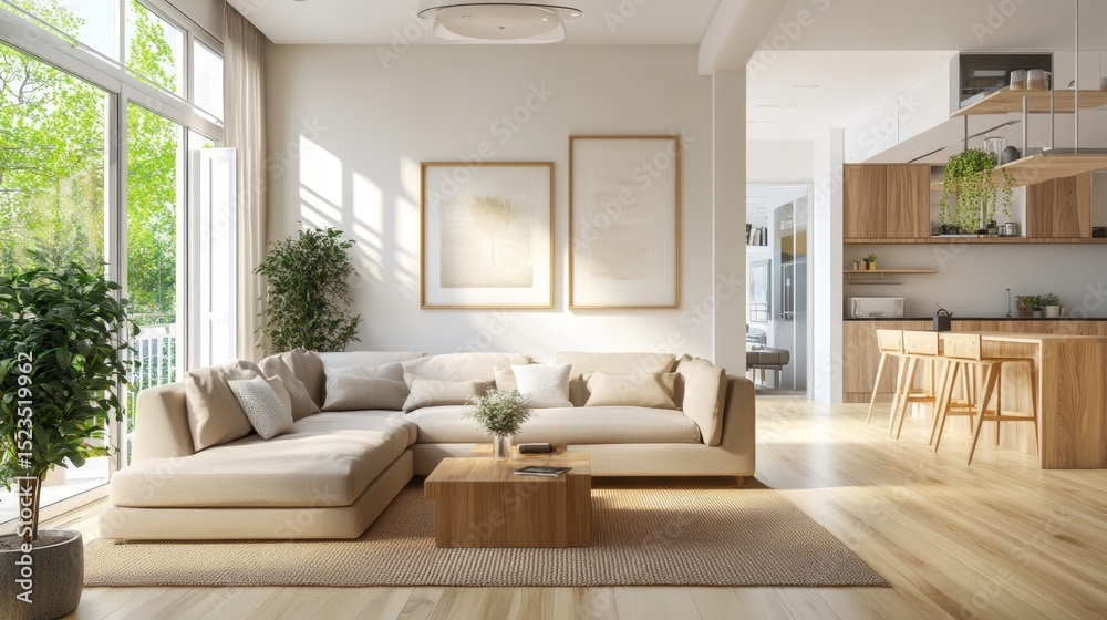 Fototapeta premium Bright living room with neutral walls, soft furnishings, wooden furniture, and clean decor for an airy, open feel