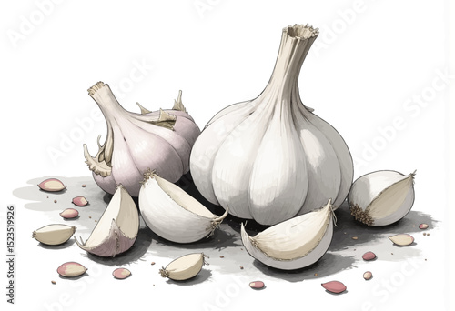 Fresh Garlic Bulbs and Cloves on White Background