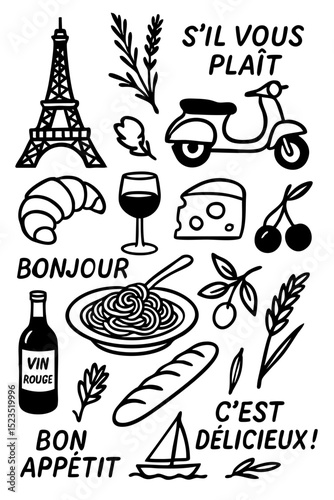 Popular France Menu for Restaurant Cafe on Board  Cuisine Icons Symbols Illustrated