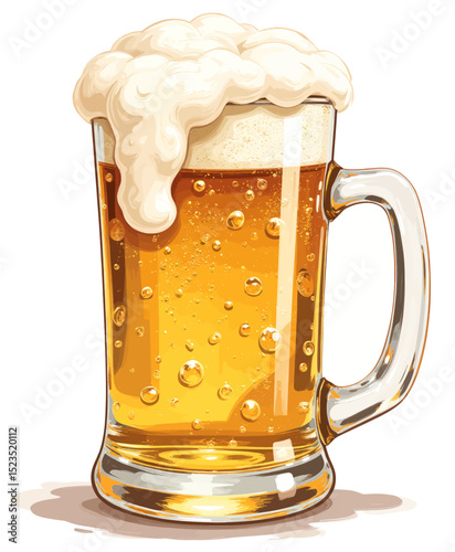 Frothy Beer Mug on Golden Sunset with Bubbles