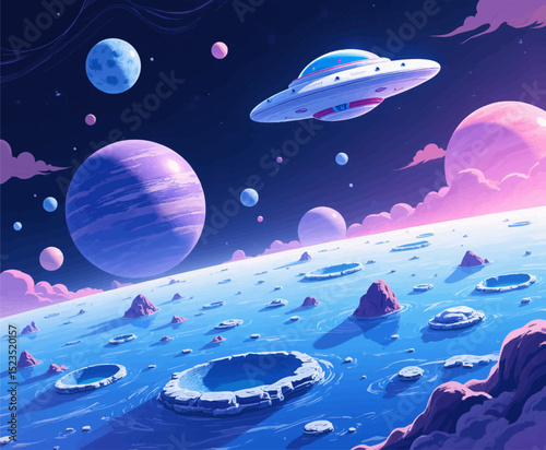 Futuristic Space Landscape with Flying Saucer and Planets