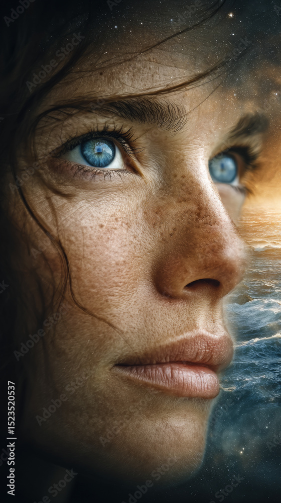 Obraz premium Close-up view of a thoughtful woman's face, eyes reflecting vivid surroundings of stars and ocean waves, symbolizing imagination, exploration, and wonder about the universe.