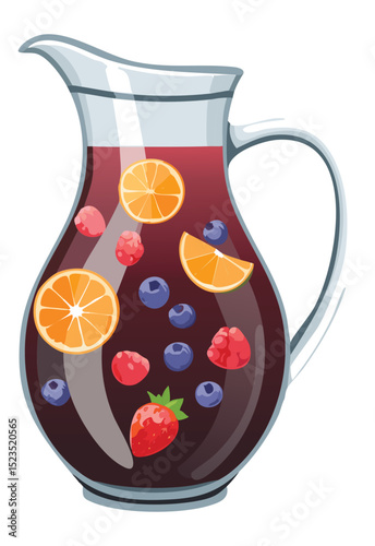 Mixed Fruit Red Sangria in Pitcher - Vector Illustration