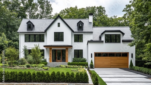 Sleek two-story house with white facade, wood garage, and black roof. Neat hedges and a low fence enhance the look