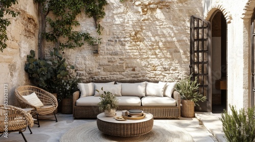 Stone-walled outside lounge with cushioned sofa, woven chairs, andplants around a round wicker coffee table