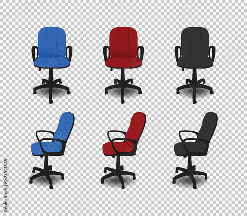 Office chairs set in blue, red, and black colors, front and side view on transparent background