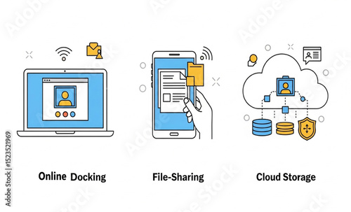 Online Docking File-Sharing Cloud Storage Icons | Business Data and Computer Network Concept for Digital Illustration and Presentation Materials