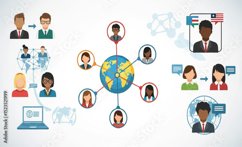 Global Communication Network with Diverse People Icons | International Business Connections, Social Media Engagement and Worldwide Collaboration Concept