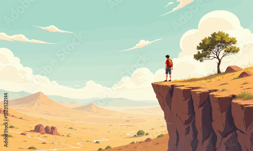 Lone Hiker Overlooking Desert Cliffs at Sunset