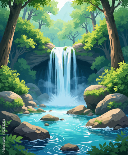 Lush Forest Waterfall in Serene Summer Setting