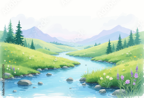 Lush Mountain River Valley in Springtime Serenity