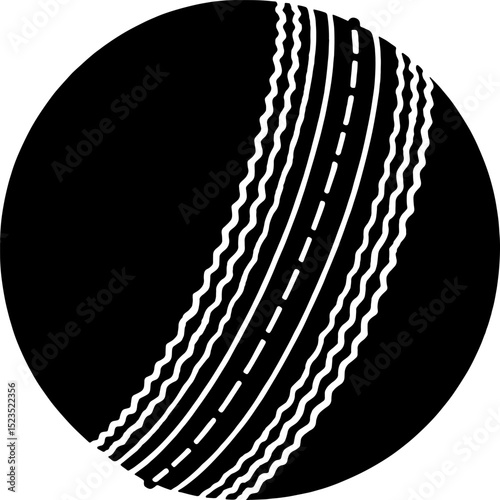 A stark black and white vector illustration of a cricket ball, highlighting its distinct stitching, ideal for sports, games, and athletic themes