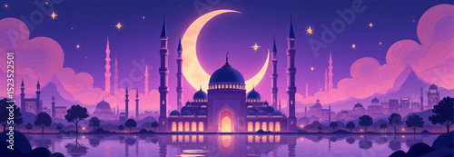 Magical Night Mosque under Crescent Moon and Stars