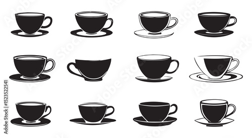 Twelve silhouettes of coffee cups and saucers