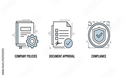 Company Policies, Document Approval, Compliance Icons | Flat Line Vector Illustration for Business Procedures and Regulations