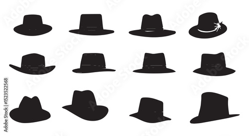 Twelve black silhouettes of various hats
