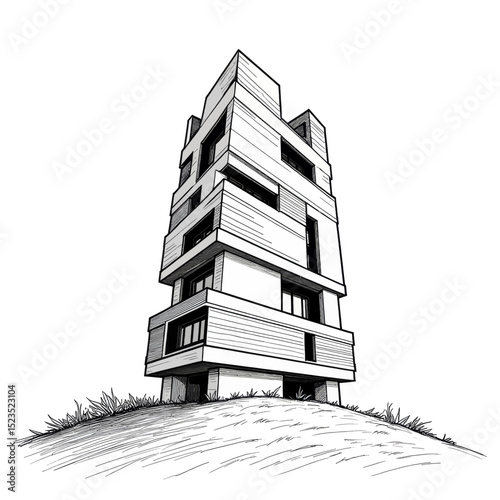 Modern Architectural Sketch: Minimalist Building on Hillside