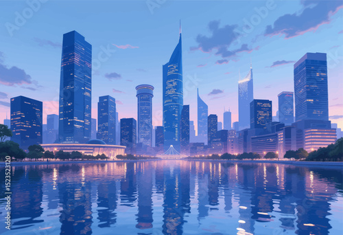 Modern Cityscape Reflection at Twilight with Calm Water