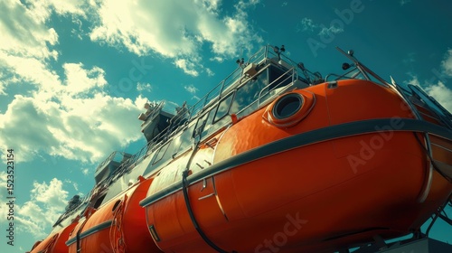 Low angle view of an orange lifeboat against a partly cloudy sky.