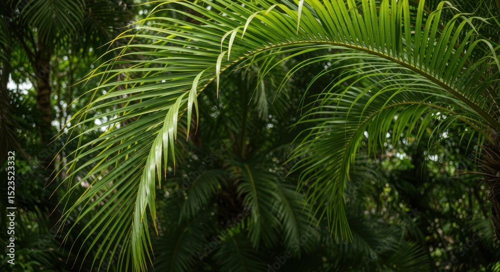 Fototapeta premium Lush green palm fronds create a tropical paradise against a jungle backdrop