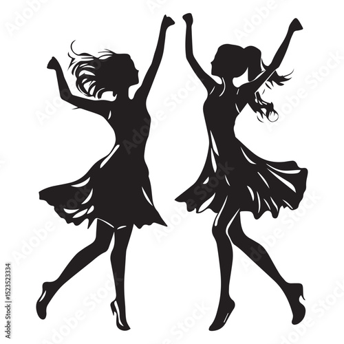 Two silhouettes of joyful dancing women in dresses