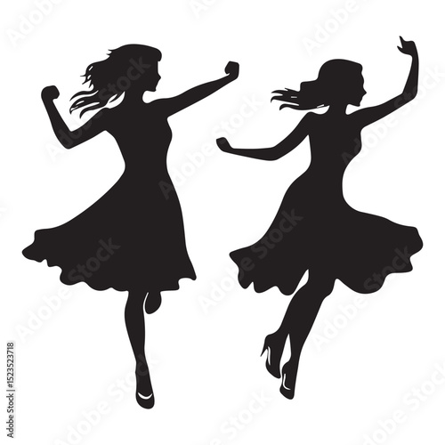 Two silhouettes of women dancing in dresses