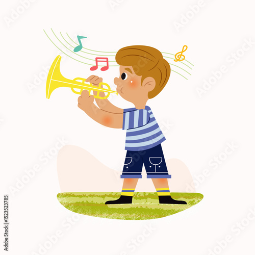 Hand-drawn cartoon children's vector illustrations, playing Musical Instruments, singing joyfully, playing happily