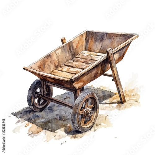 Rustic Wooden Wheelbarrow, watercolor illustration vector, high quality, isolated on a white background.