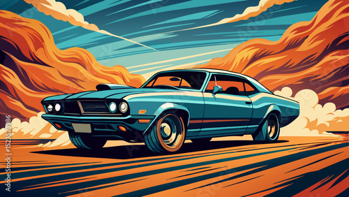 Illustration of a classic car on a desert landscape