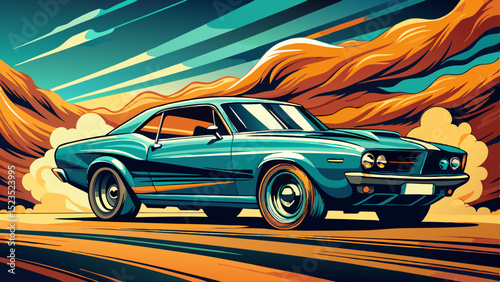 Teal muscle car speeding across desert landscape view